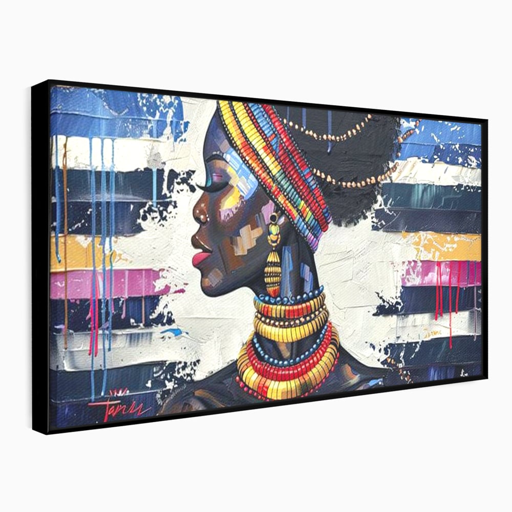 Tablou canvas cu tablou canvas cu regina africana, in rama de aluminiu negru