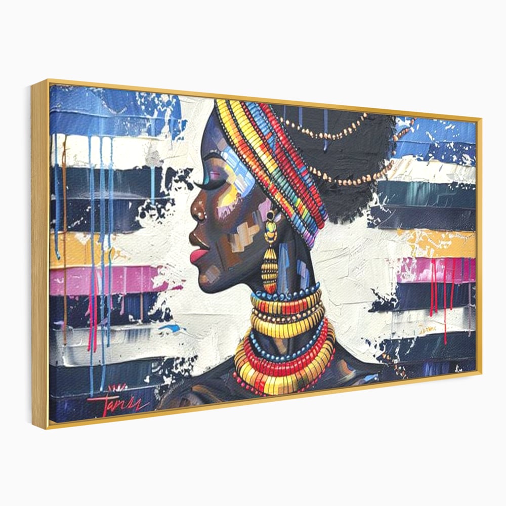Tablou canvas cu tablou canvas cu regina africana, in rama de aluminiu auriu
