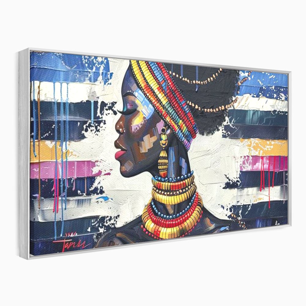 Tablou canvas cu tablou canvas cu regina africana, in rama de aluminiu argintiu