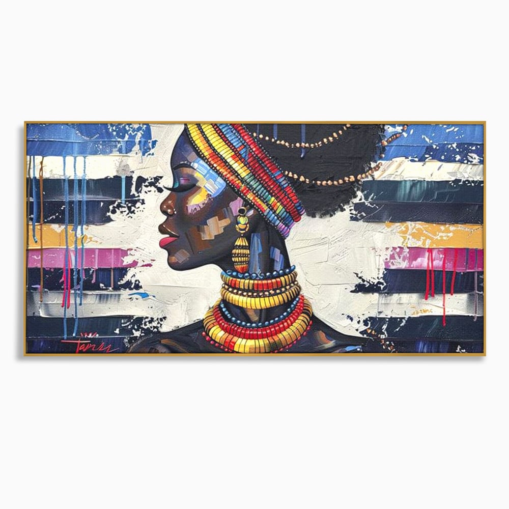 Tablou canvas cu tablou canvas cu regina africana, in rama de aluminiu auriu