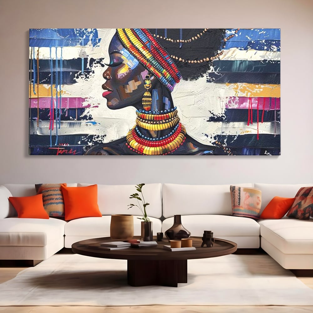 Tablou canvas cu tablou canvas cu regina africana, fara rama, pe sasiu de lemn, pe perete intr-un living