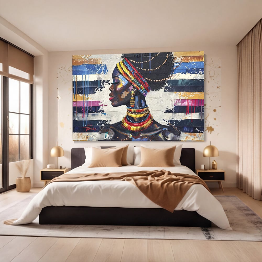 Tablou canvas cu tablou canvas cu regina africana, fara rama, pe sasiu de lemn, pe perete intr-un dormitor