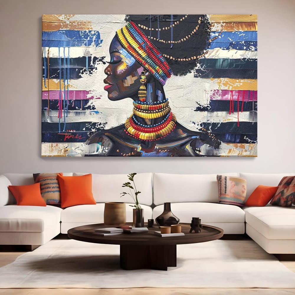 Tablou canvas cu tablou canvas cu regina africana, fara rama, pe sasiu de lemn, pe perete intr-un living