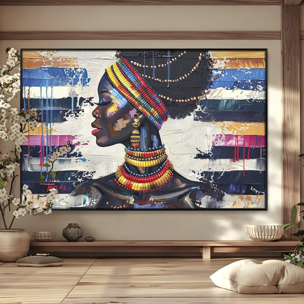 Tablou canvas cu tablou canvas cu regina africana, in rama de aluminiu negru