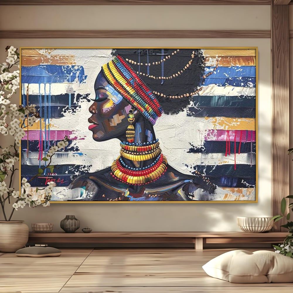 Tablou canvas cu tablou canvas cu regina africana, in rama de aluminiu auriu