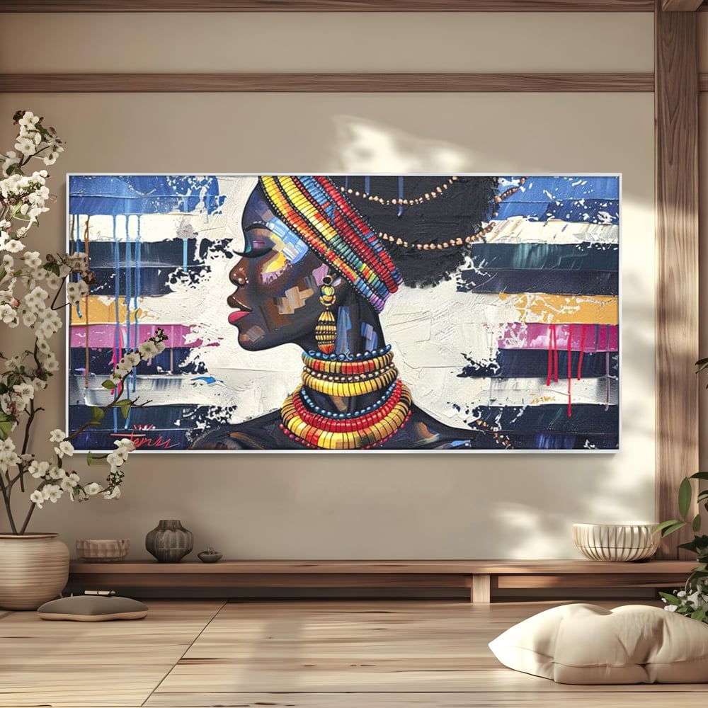 Tablou canvas cu tablou canvas cu regina africana, in rama de aluminiu argintiu