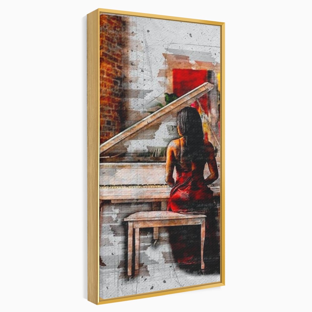Tablou canvas cu tablou canvas cu pianistica in rosu, in rama de aluminiu auriu