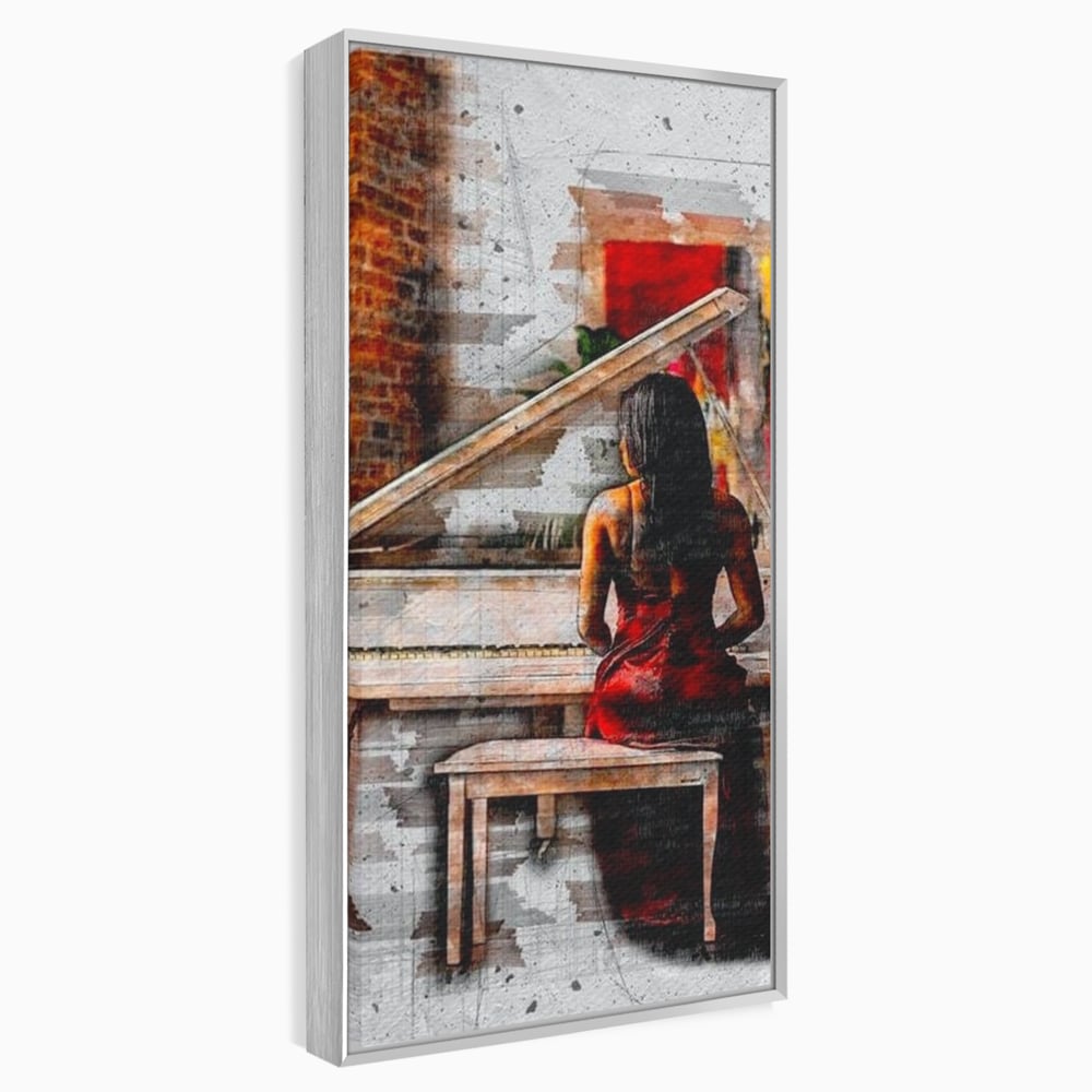 Tablou canvas cu tablou canvas cu pianistica in rosu, in rama de aluminiu argintiu
