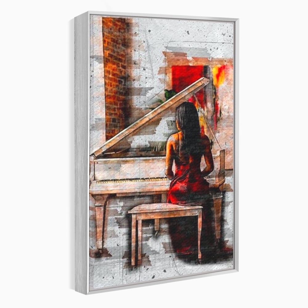 Tablou canvas cu tablou canvas cu pianistica in rosu, in rama de aluminiu argintiu