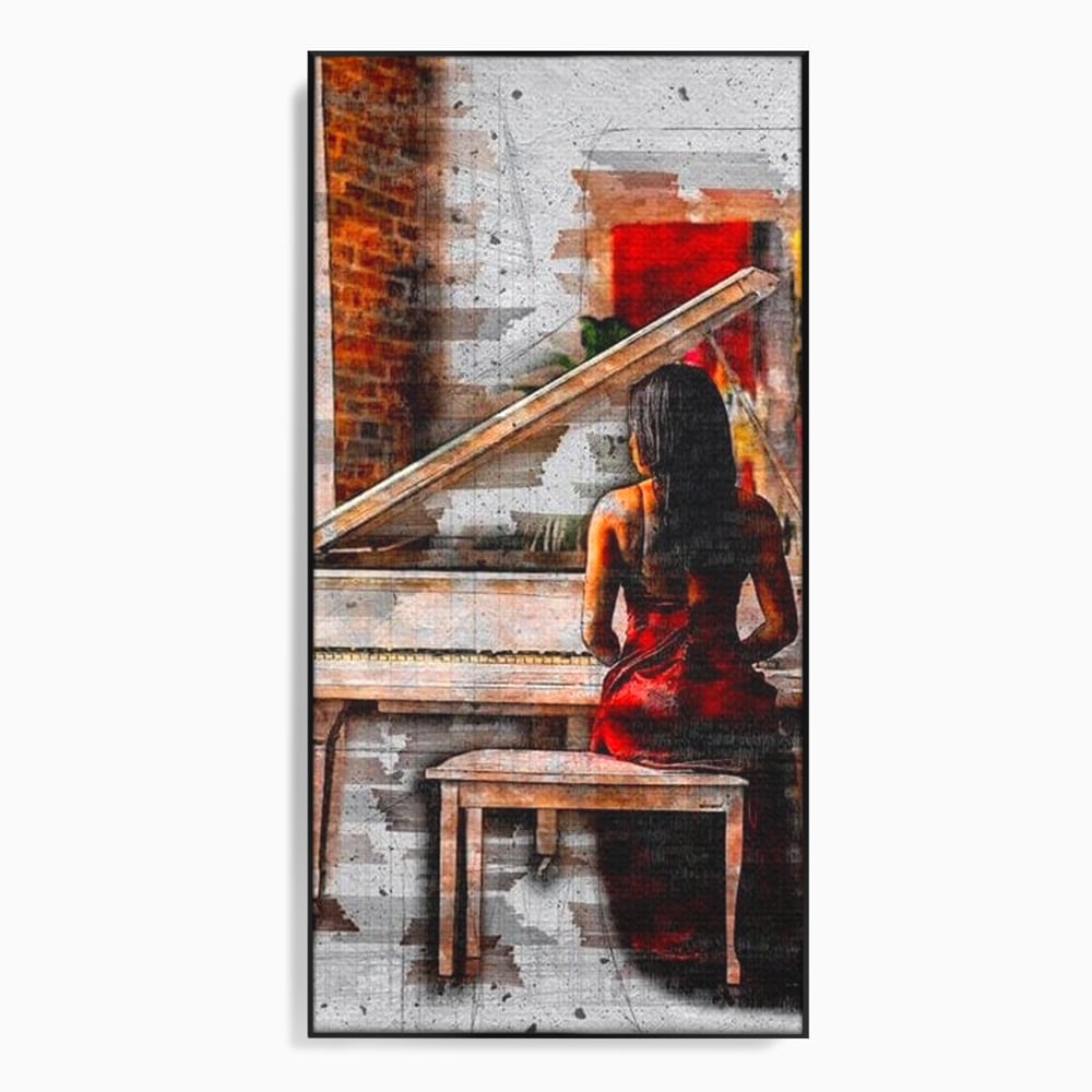 Tablou canvas cu tablou canvas cu pianistica in rosu, in rama de aluminiu negru