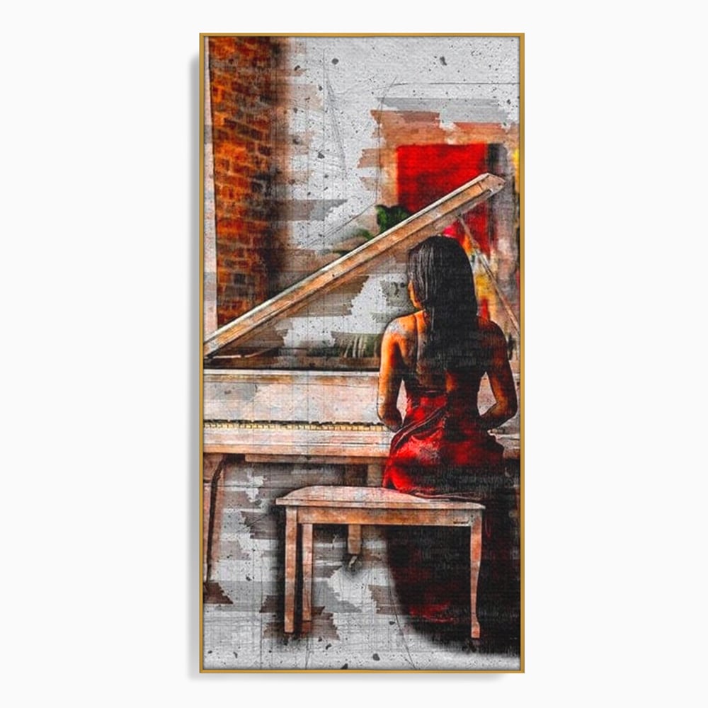 Tablou canvas cu tablou canvas cu pianistica in rosu, in rama de aluminiu auriu