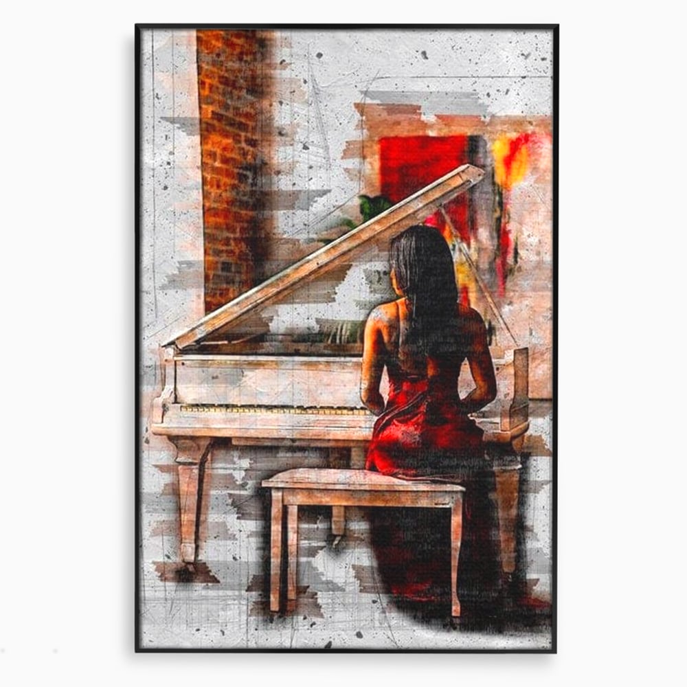 Tablou canvas cu tablou canvas cu pianistica in rosu, in rama de aluminiu negru