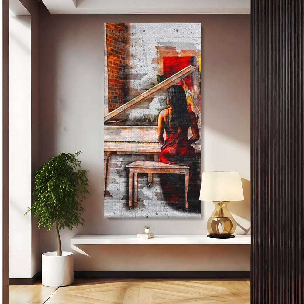 Tablou canvas cu tablou canvas cu pianistica in rosu, fara rama, pe sasiu de lemn