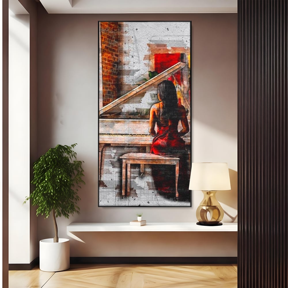 Tablou canvas cu tablou canvas cu pianistica in rosu, in rama de aluminiu negru