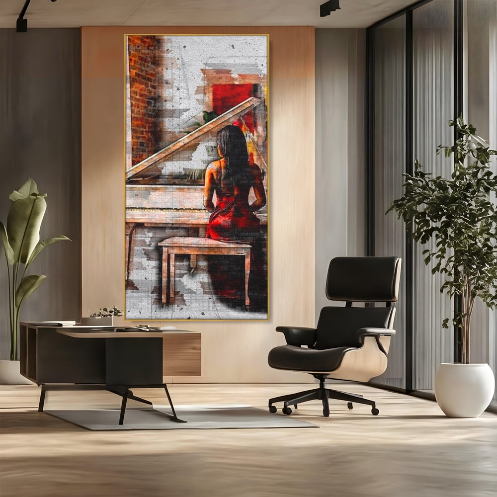 Tablou canvas cu tablou canvas cu pianistica in rosu, in rama de aluminiu auriu, pe perete intr-un birou