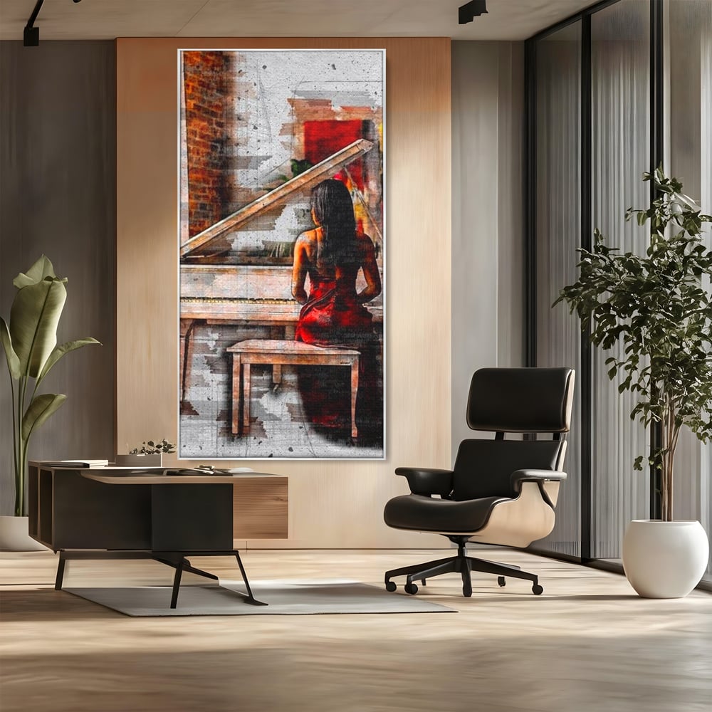 Tablou canvas cu tablou canvas cu pianistica in rosu, in rama de aluminiu argintiu, pe perete intr-un birou