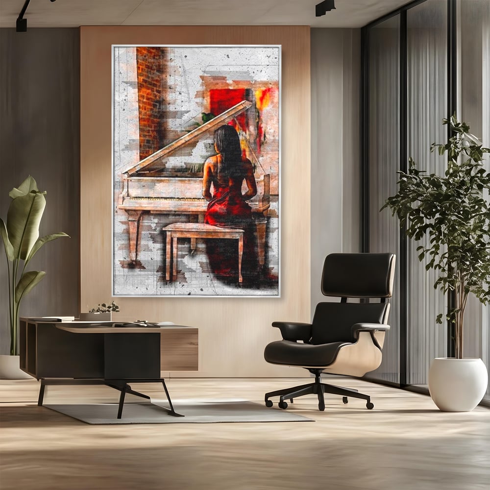 Tablou canvas cu tablou canvas cu pianistica in rosu, in rama de aluminiu argintiu, pe perete intr-un birou