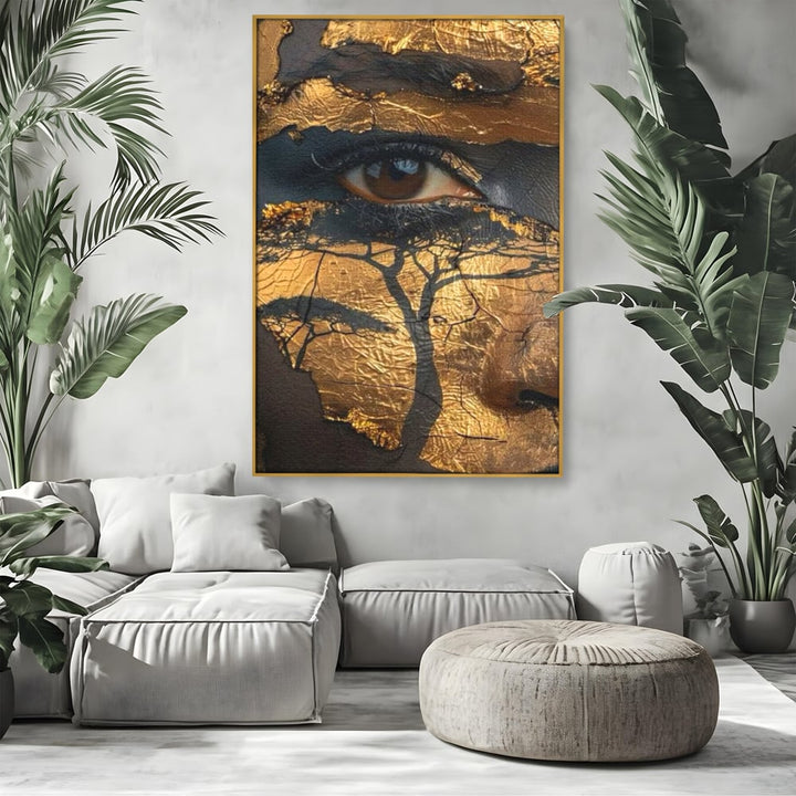 Tablou canvas cu tablou canvas cu ochi uman si arbore, in rama de aluminiu auriu, pe perete intr-un living