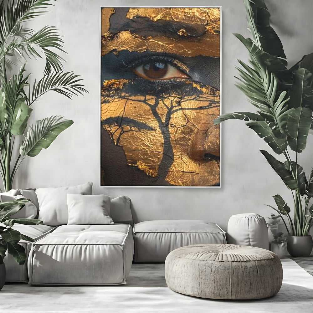 Tablou canvas cu tablou canvas cu ochi uman si arbore, in rama de aluminiu argintiu, pe perete intr-un living