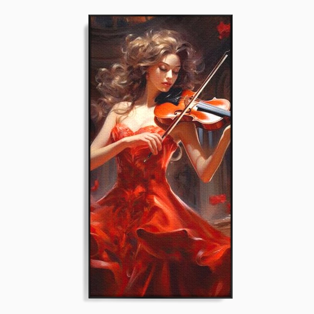 Tablou canvas cu tablou canvas cu femeie violonista, in rama de aluminiu negru