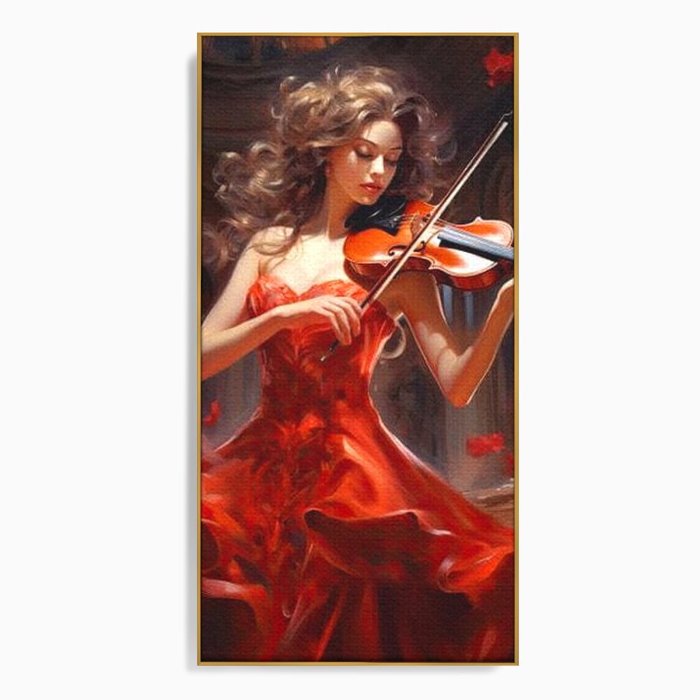 Tablou canvas cu tablou canvas cu femeie violonista, in rama de aluminiu auriu