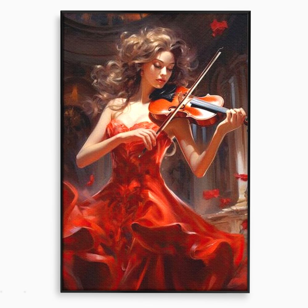 Tablou canvas cu tablou canvas cu femeie violonista, in rama de aluminiu negru