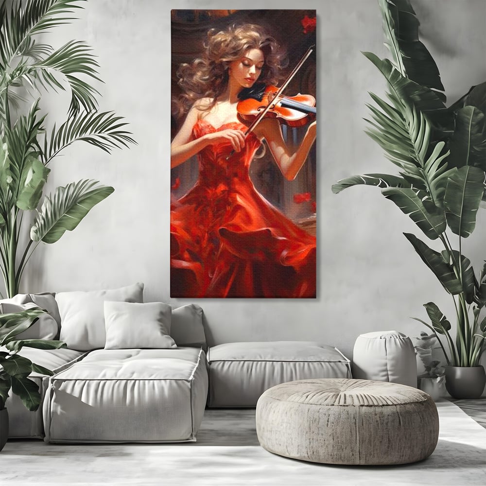 Tablou canvas cu tablou canvas cu femeie violonista, fara rama, pe sasiu de lemn, pe perete intr-un living