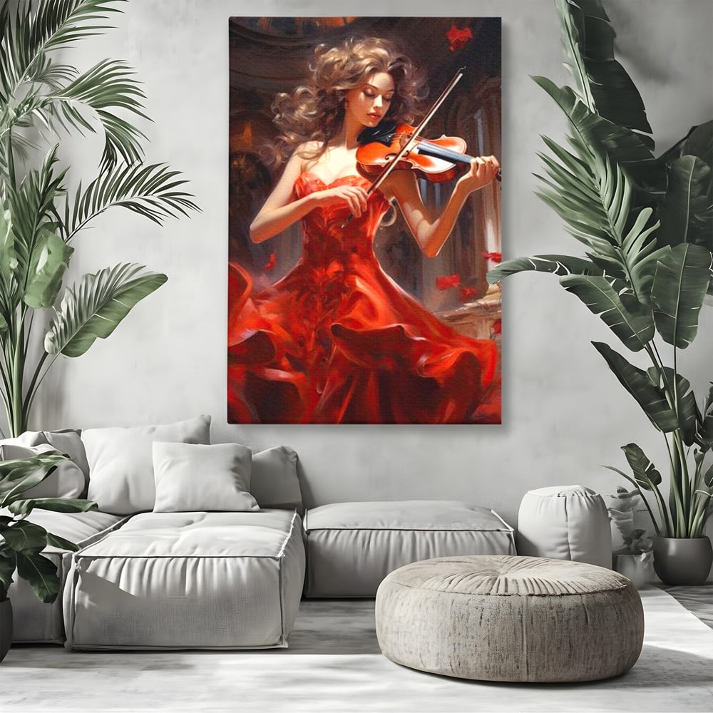 Tablou canvas cu tablou canvas cu femeie violonista, fara rama, pe sasiu de lemn, pe perete intr-un living