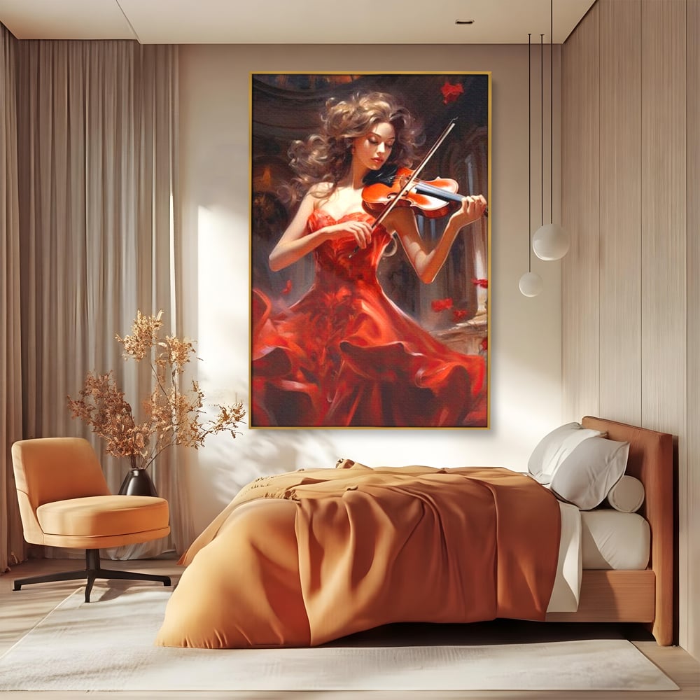 Tablou canvas cu tablou canvas cu femeie violonista, in rama de aluminiu auriu, pe perete intr-un dormitor