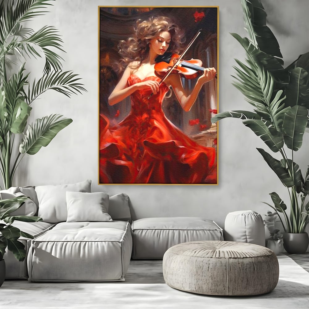 Tablou canvas cu tablou canvas cu femeie violonista, in rama de aluminiu auriu, pe perete intr-un living
