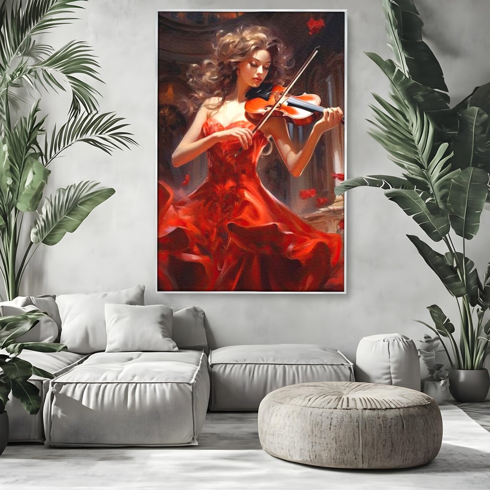 Tablou canvas cu tablou canvas cu femeie violonista, in rama de aluminiu argintiu, pe perete intr-un living