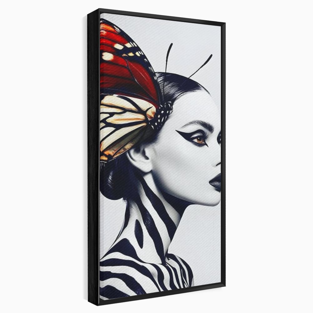 Tablou canvas cu tablou canvas cu femeie si aripa de fluture, in rama de aluminiu negru