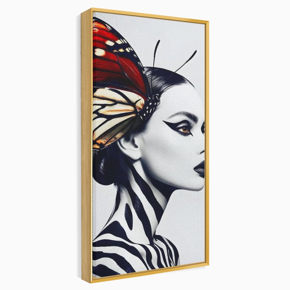 Tablou canvas cu tablou canvas cu femeie si aripa de fluture, in rama de aluminiu auriu