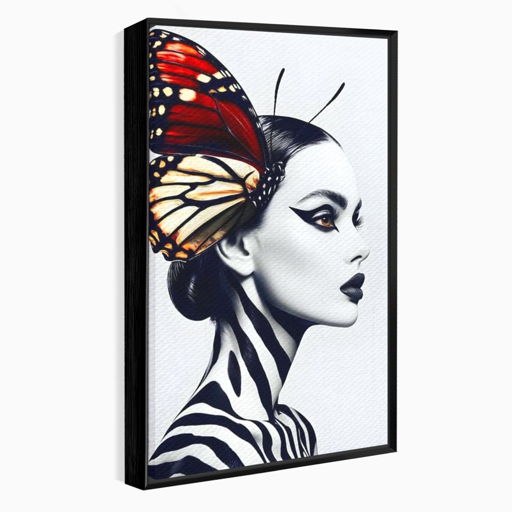 Tablou canvas cu tablou canvas cu femeie si aripa de fluture, in rama de aluminiu negru