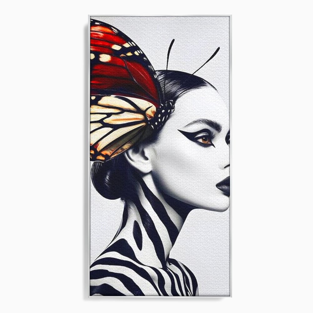 Tablou canvas cu tablou canvas cu femeie si aripa de fluture, in rama de aluminiu argintiu