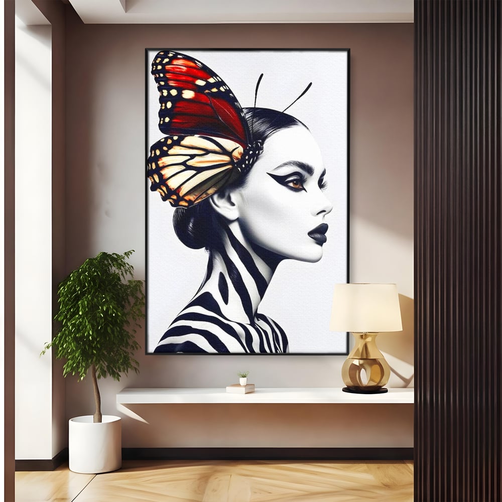 Tablou canvas cu tablou canvas cu femeie si aripa de fluture, in rama de aluminiu negru