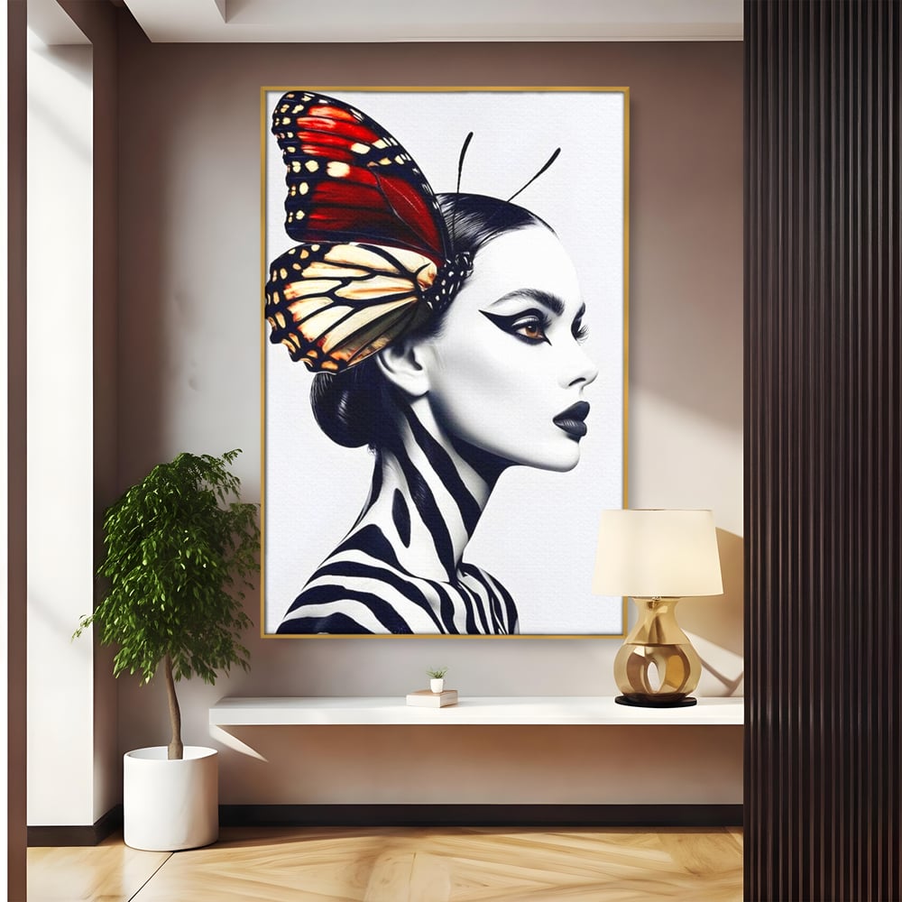 Tablou canvas cu tablou canvas cu femeie si aripa de fluture, in rama de aluminiu auriu
