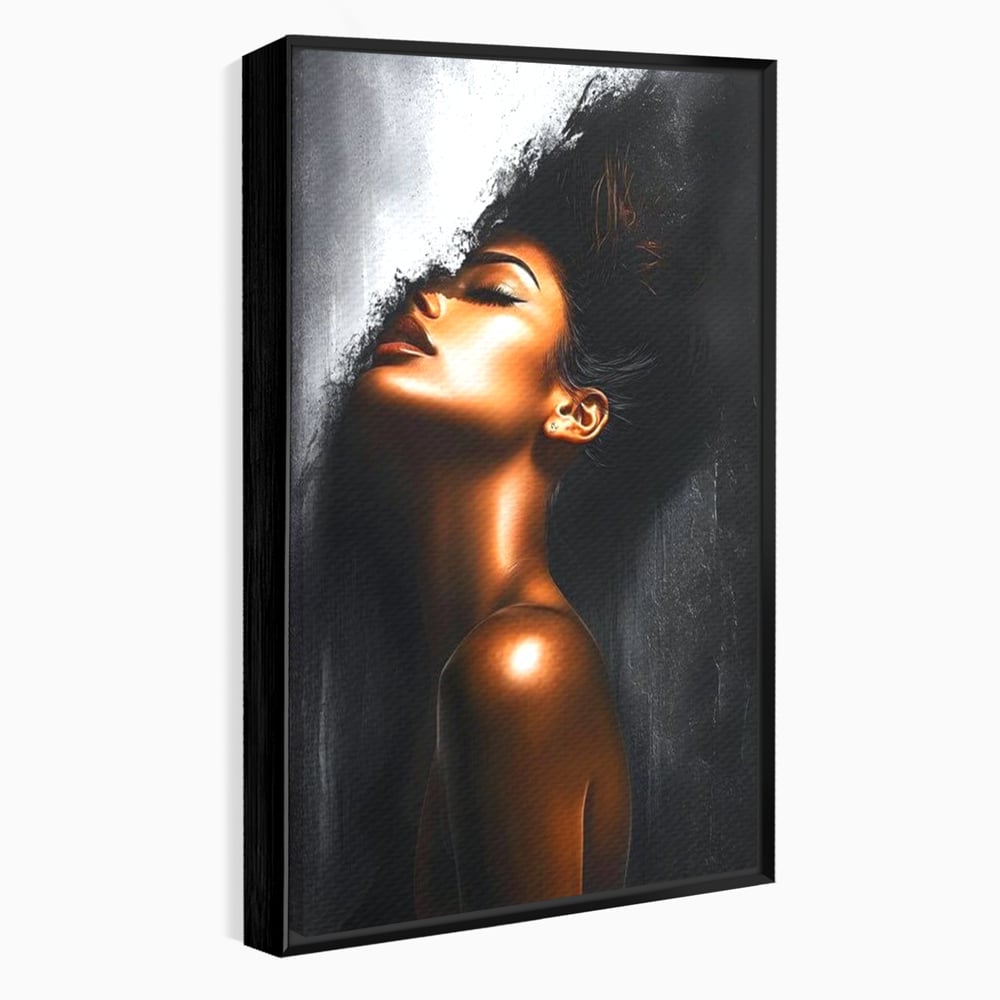 Tablou canvas cu tablou canvas cu portretul unei femei, in rama de aluminiu negru
