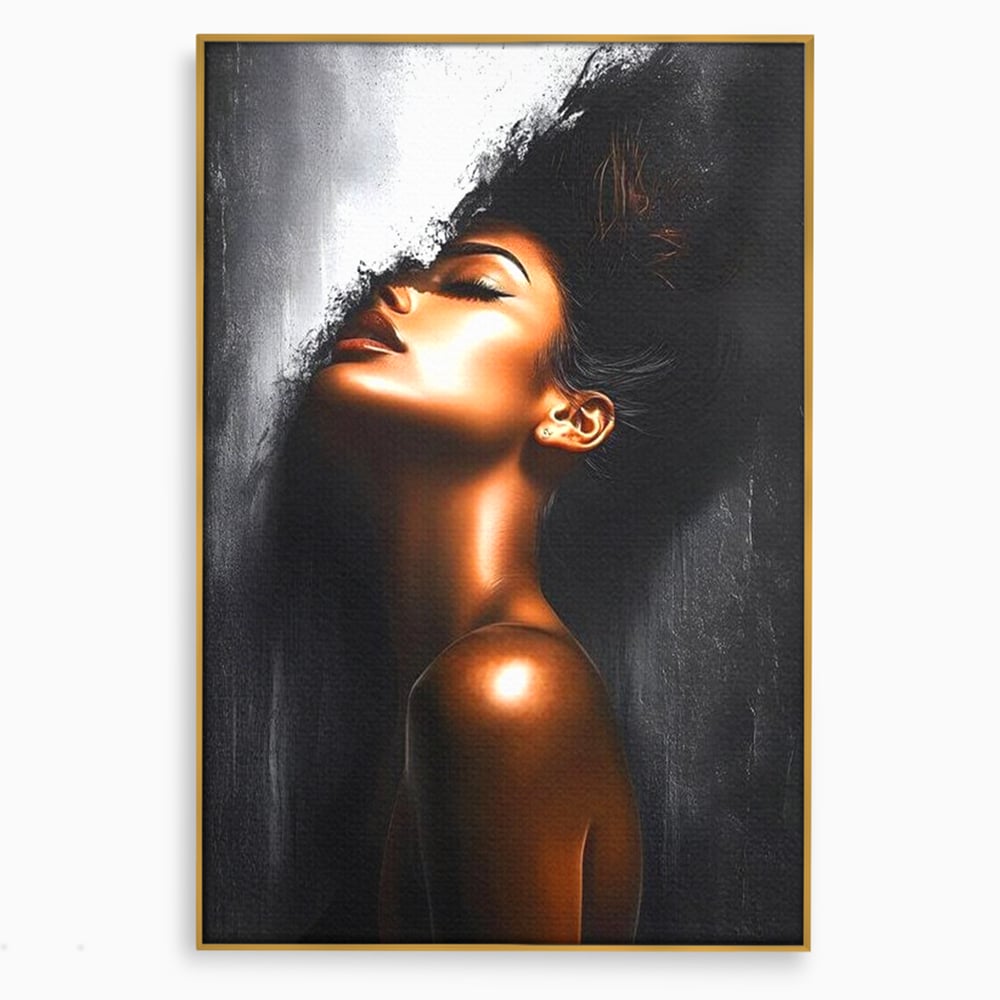 Tablou canvas cu tablou canvas cu portretul unei femei, in rama de aluminiu auriu