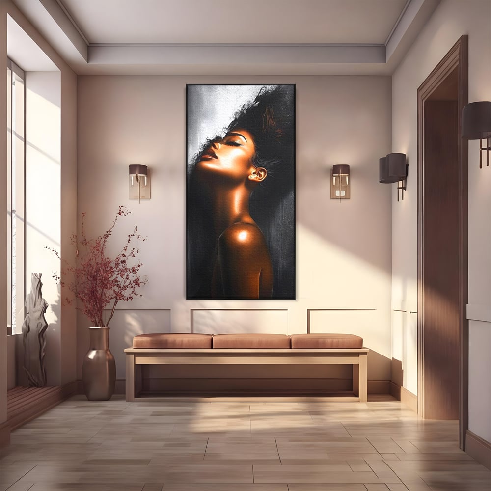 Tablou canvas cu tablou canvas cu portretul unei femei, in rama de aluminiu negru