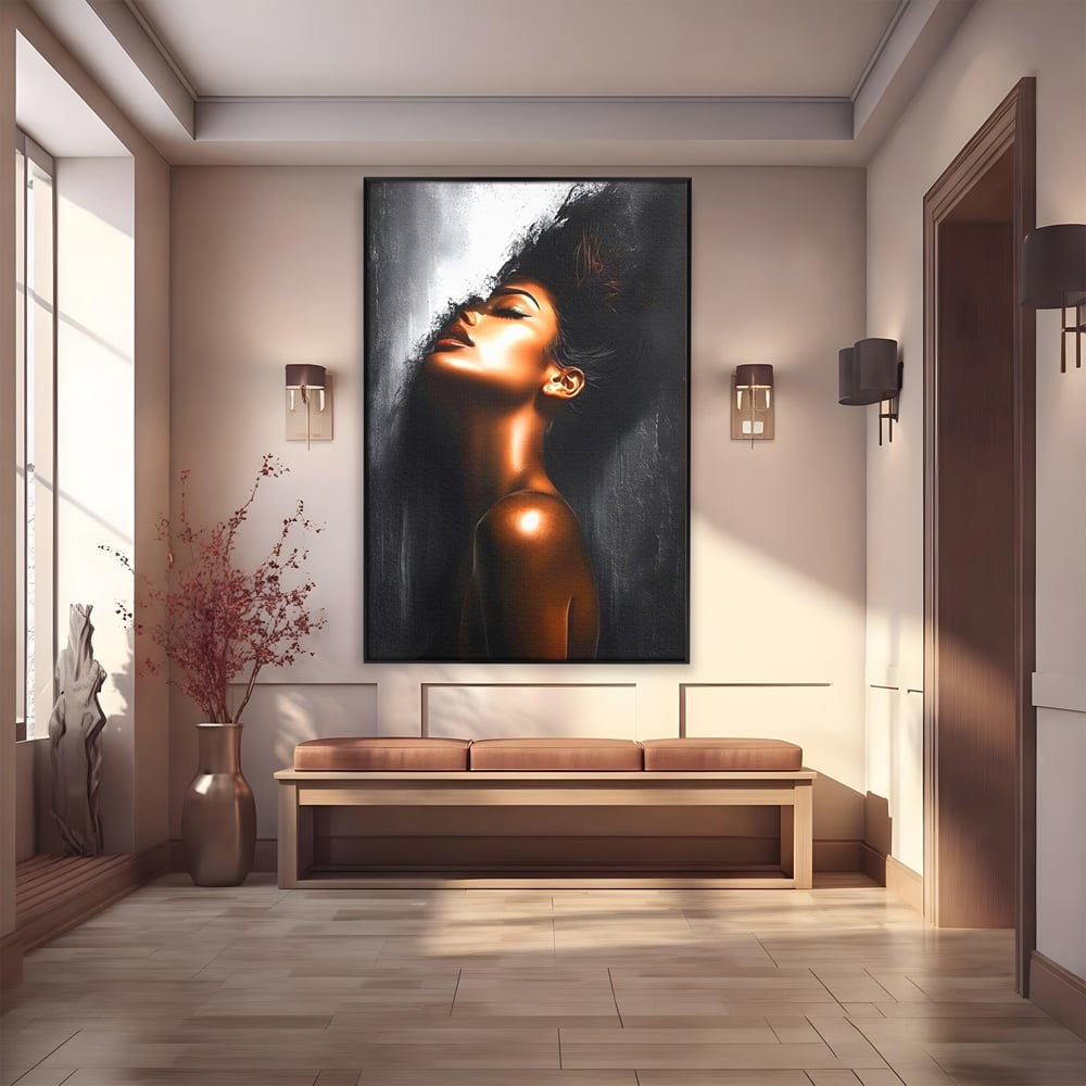 Tablou canvas cu tablou canvas cu portretul unei femei, in rama de aluminiu negru