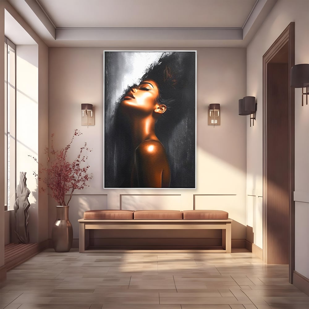 Tablou canvas cu tablou canvas cu portretul unei femei, in rama de aluminiu argintiu