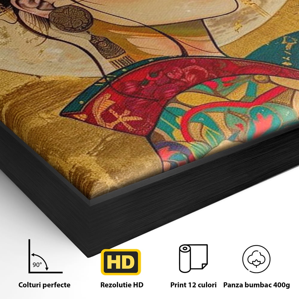 Detaliu al suprafetei: tablou canvas cu portret de gheisa, in rama de aluminiu negru