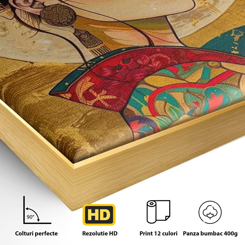 Detaliu al suprafetei: tablou canvas cu portret de gheisa, in rama de aluminiu auriu