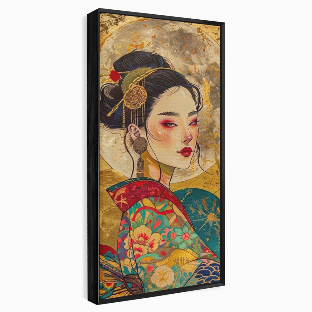 Tablou canvas cu tablou canvas cu portret de gheisa, in rama de aluminiu negru