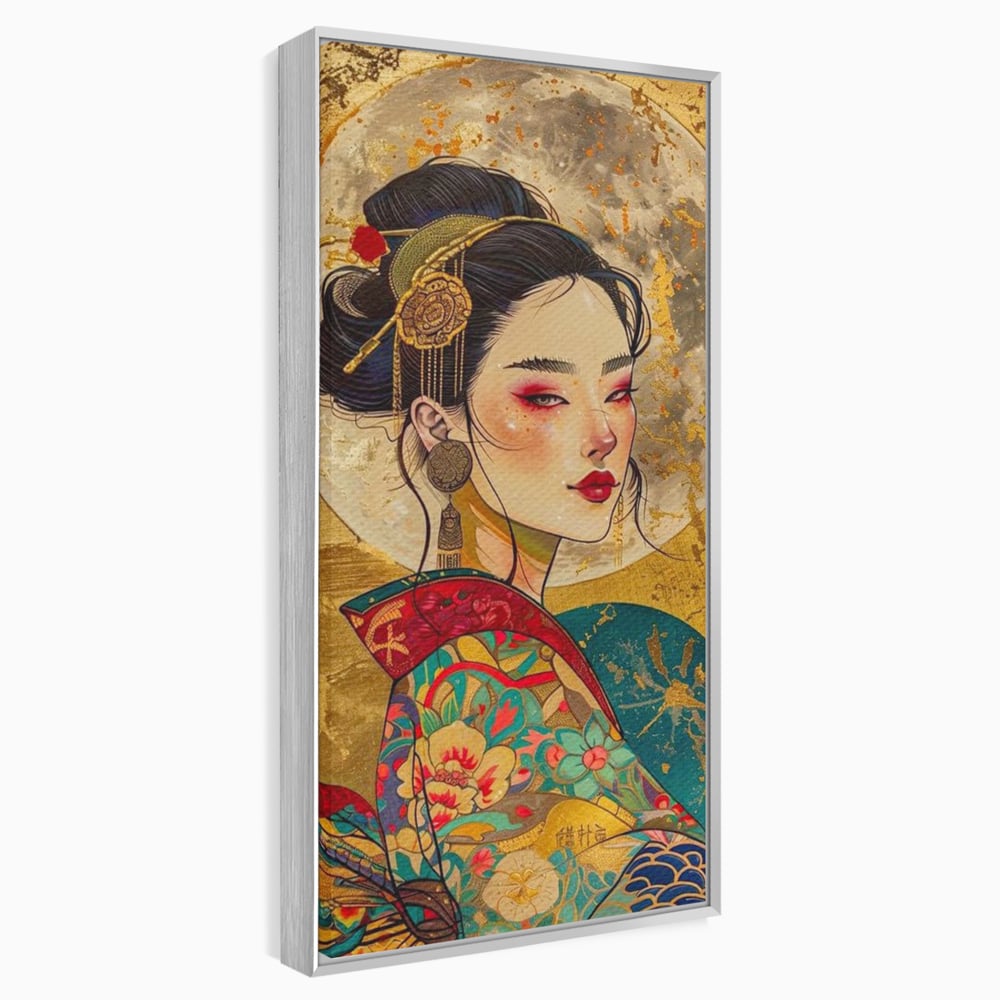 Tablou canvas cu tablou canvas cu portret de gheisa, in rama de aluminiu argintiu