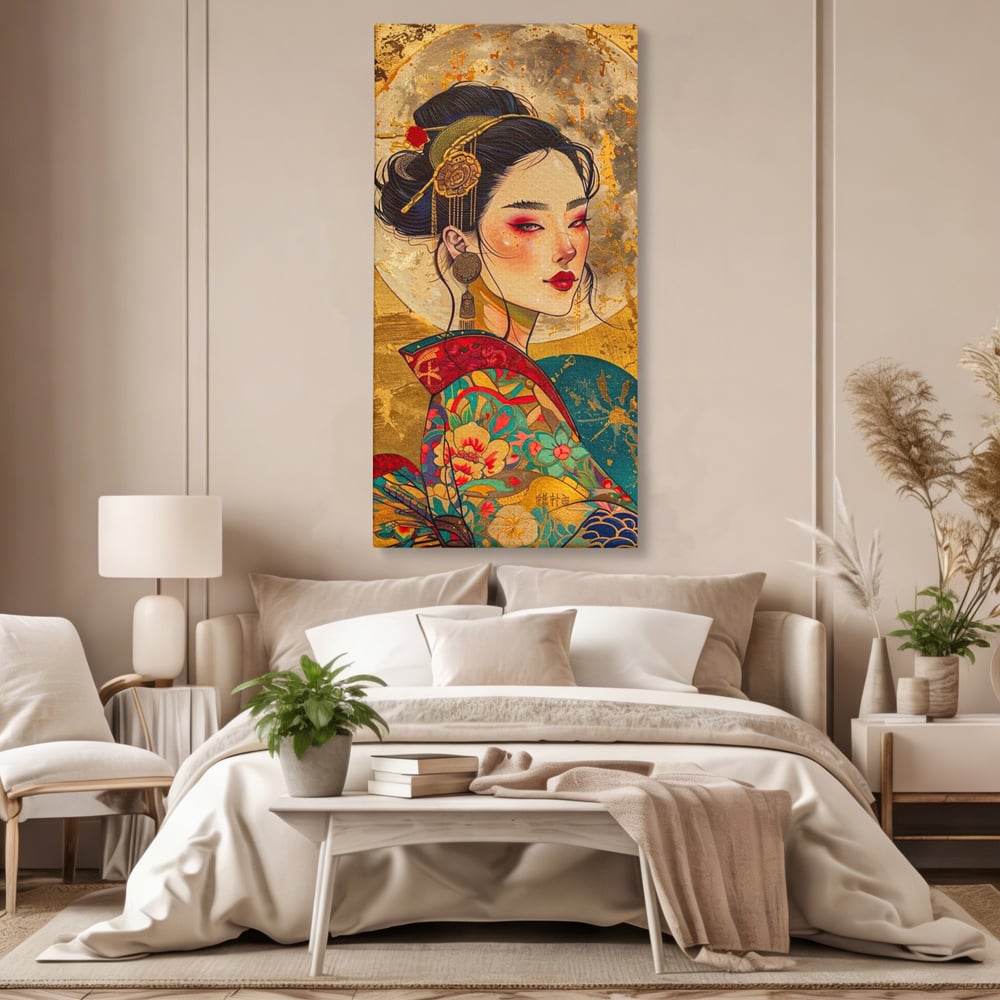 Tablou canvas cu tablou canvas cu portret de gheisa, fara rama, pe sasiu de lemn, pe perete intr-un dormitor