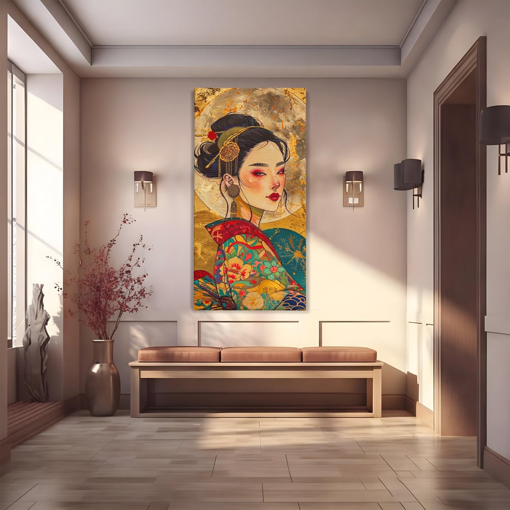 Tablou canvas cu tablou canvas cu portret de gheisa, fara rama, pe sasiu de lemn