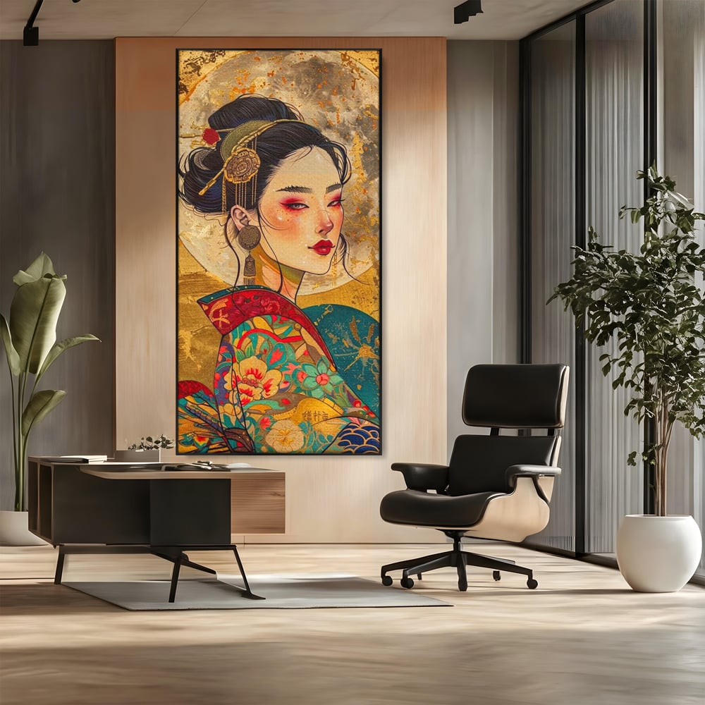 Tablou canvas cu tablou canvas cu portret de gheisa, in rama de aluminiu negru, pe perete intr-un birou