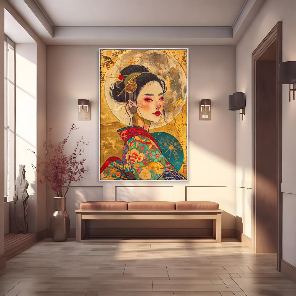 Tablou canvas cu tablou canvas cu portret de gheisa, in rama de aluminiu argintiu